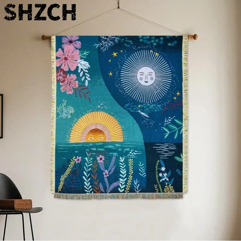 Boho Throw Blanket Fringe - Celestial Sun Moon Woven Tapestry Boho