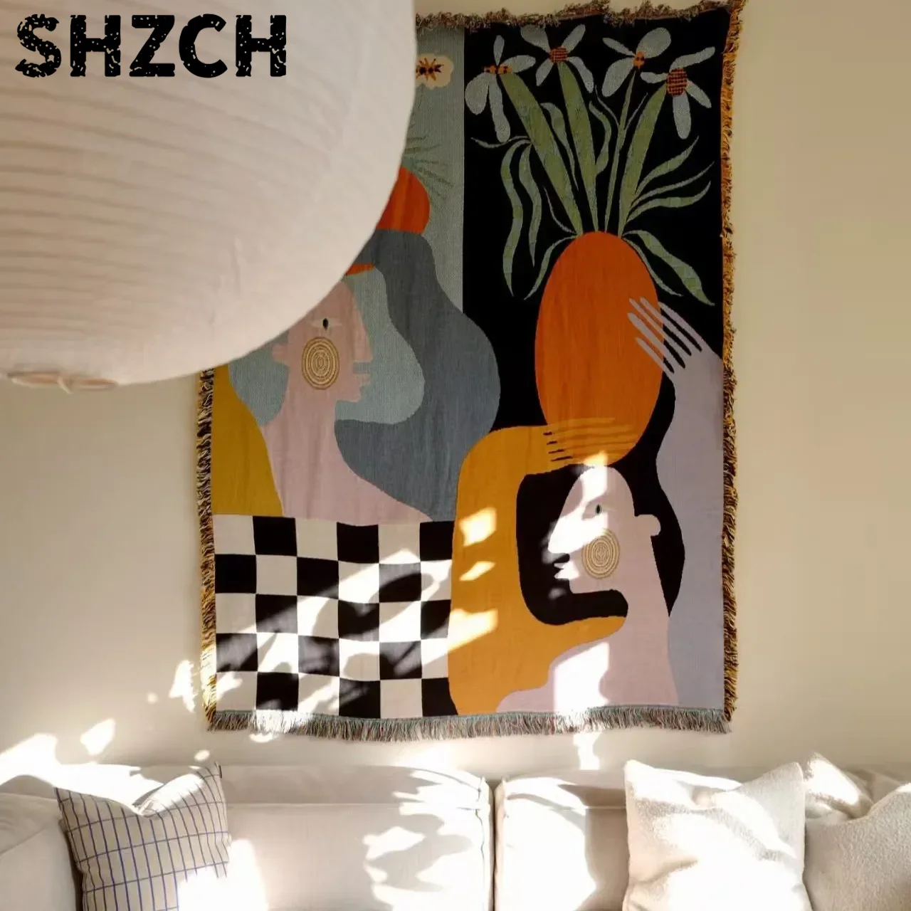 Boho Throw Blanket Fringe - Modern Abstract Art Tapestry Boho Woven