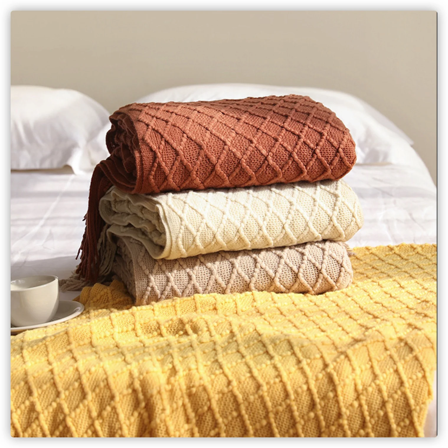 Textile City Diamond Knit Thro - Boho Throw Blanket Fringe recension och pris