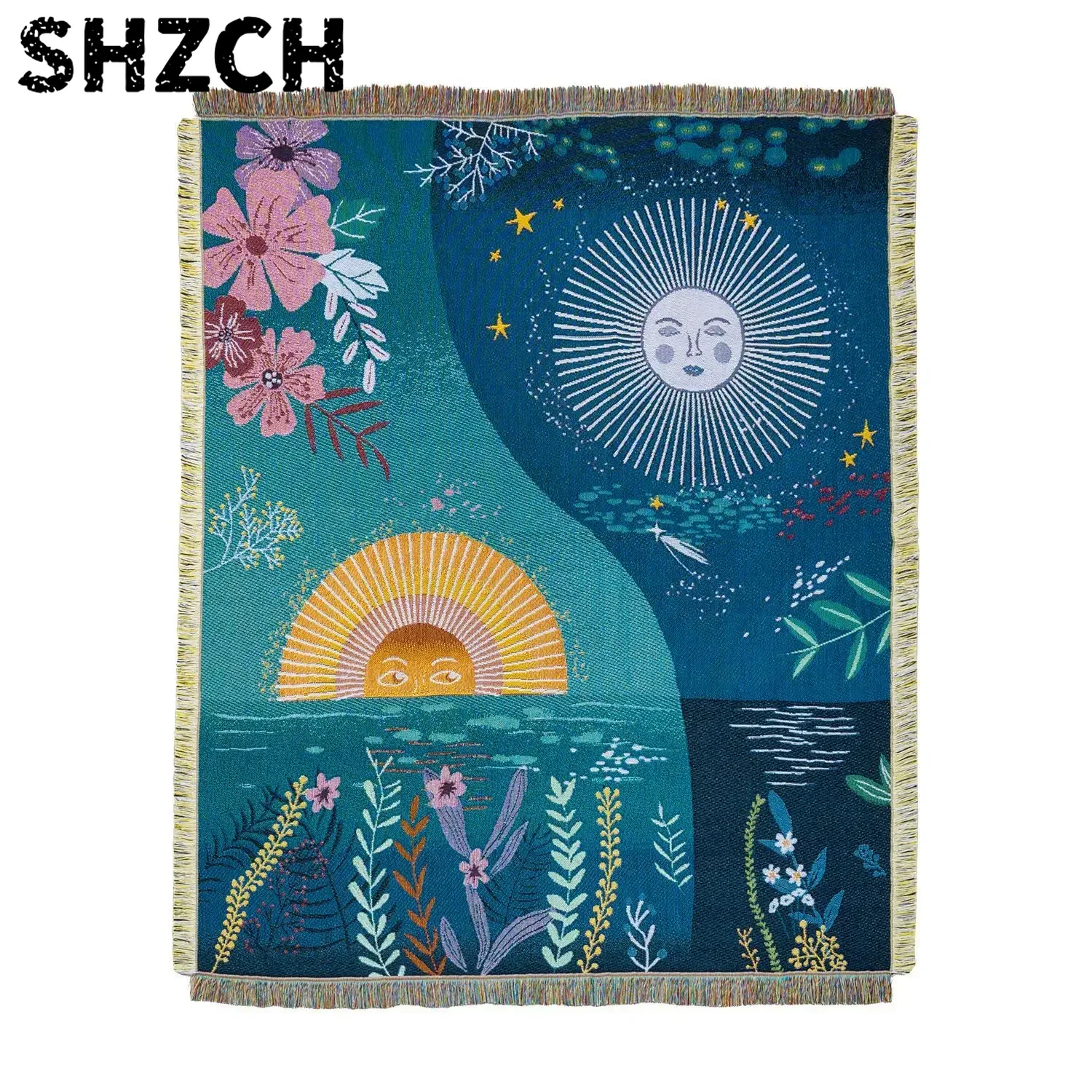 Celestial Sun Moon Woven Tapes - Boho Throw Blanket Fringe recension och pris
