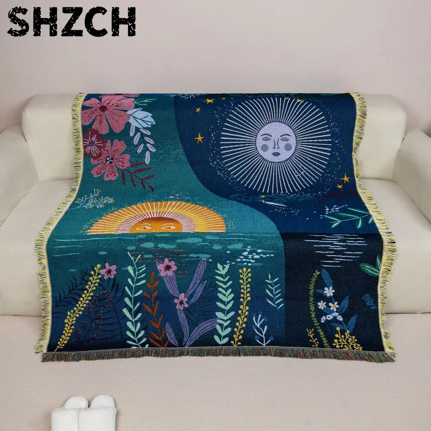 Celestial Sun Moon Woven Tapes - Boho Throw Blanket Fringe recension och pris