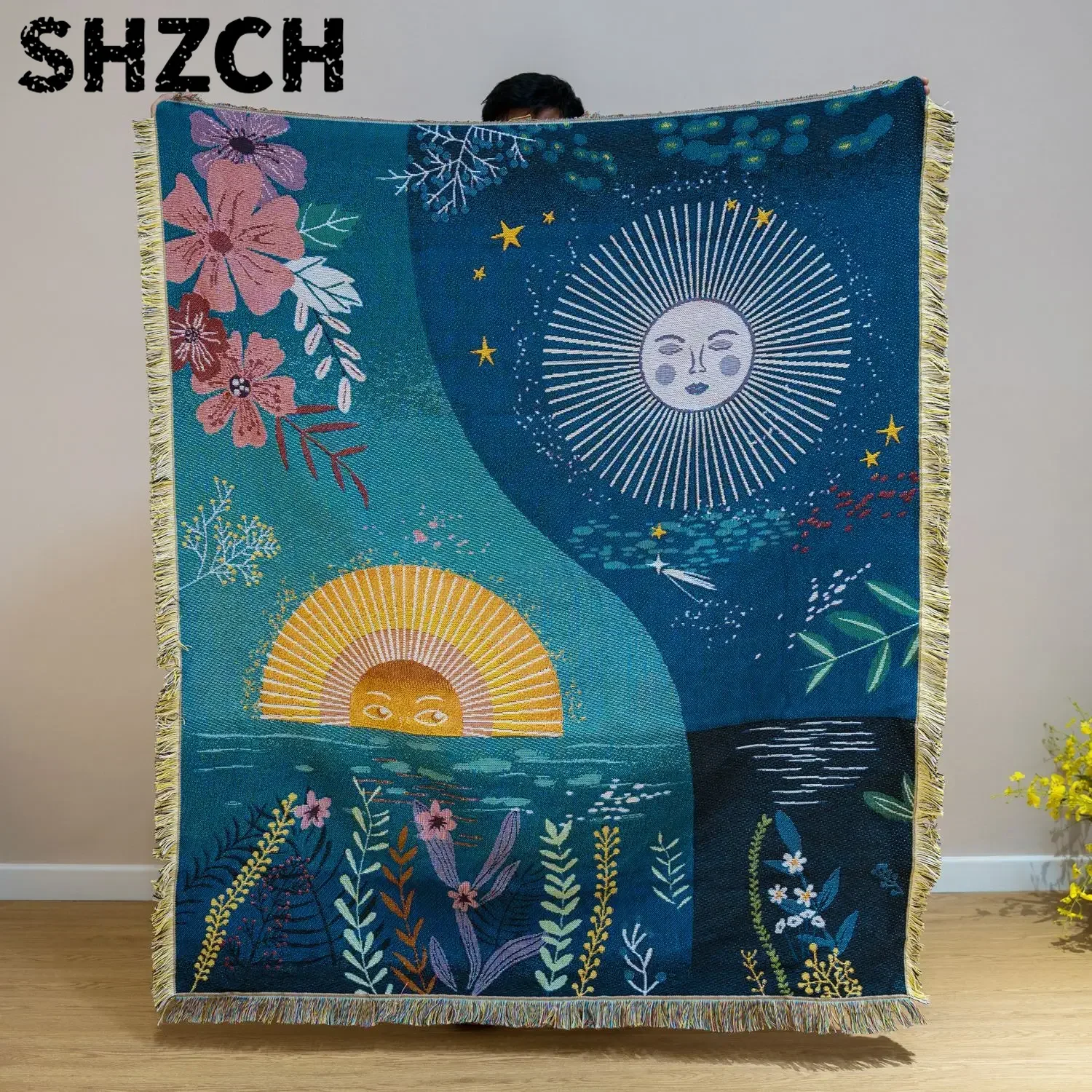 Celestial Sun Moon Woven Tapes - Boho Throw Blanket Fringe recension och pris